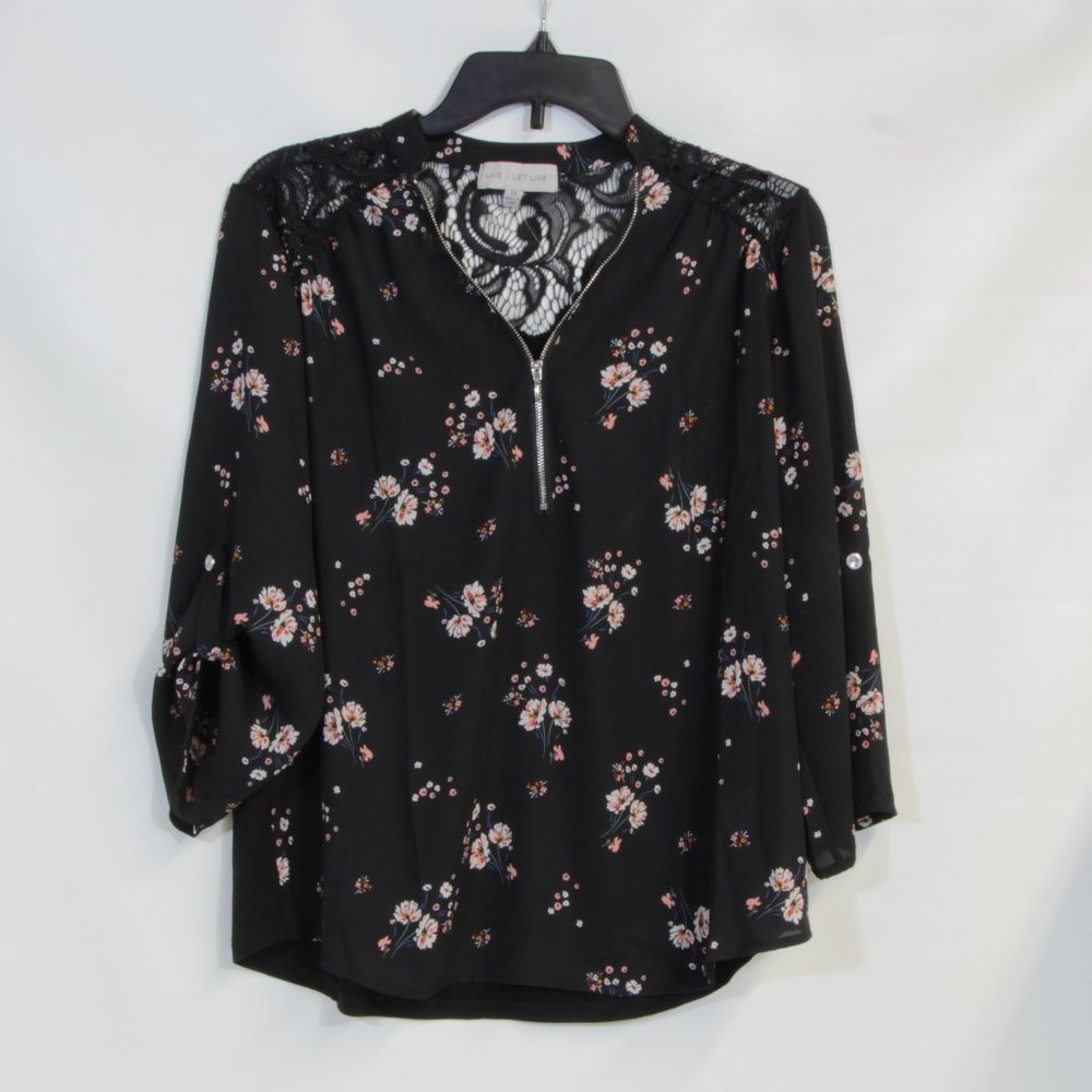 Live And Let Live Black w/Floral Pattern 3/4 Sleeve Blouse Size Medium NWT